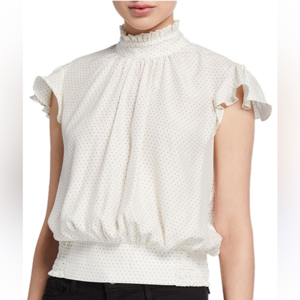 Frame Denim Ivory Dot Print Ruffle Neck Blouse